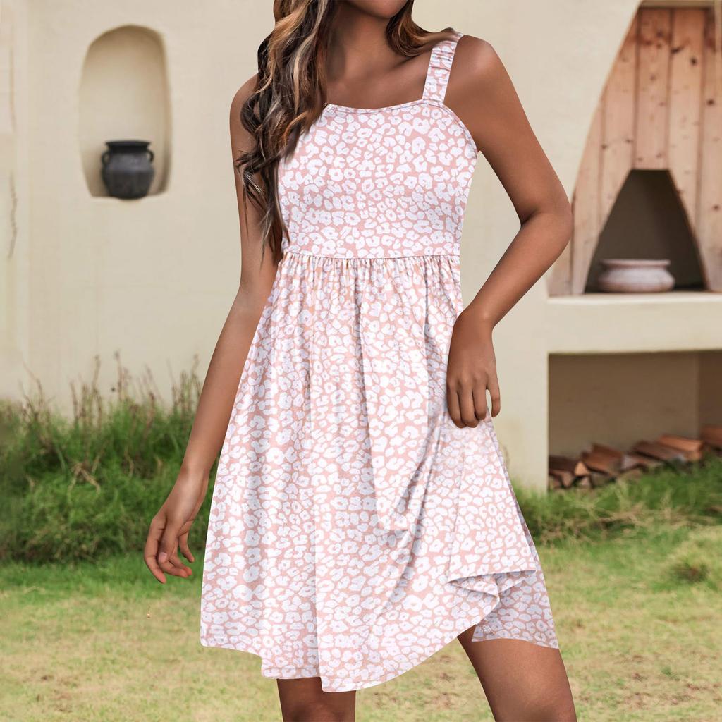 Women's Summer Casual Square Neck Dress With Pockets Cute Sleeveless High Waisted A-Line Vest Midi Dress