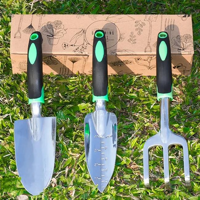 3 Pieces Rust Proof Heavy Duty Garden Hand Tools Trowel Transplanter Cultivator Rake Shovel