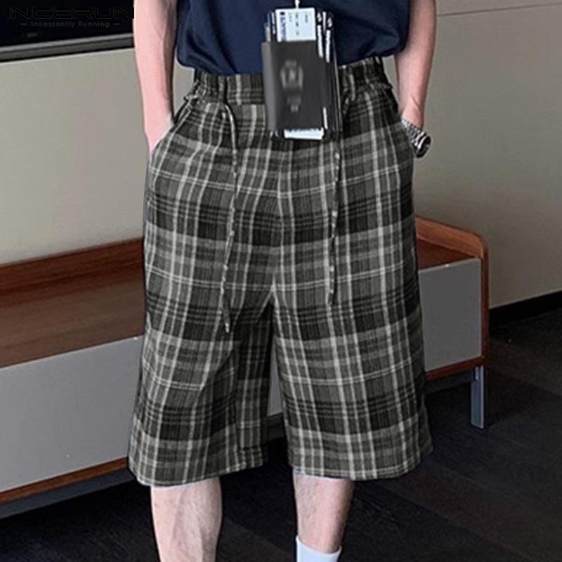 

INCERUN Men Zip-up Elastic Waist Plaid Print Casual Loose Half Pants Capri S жовтий