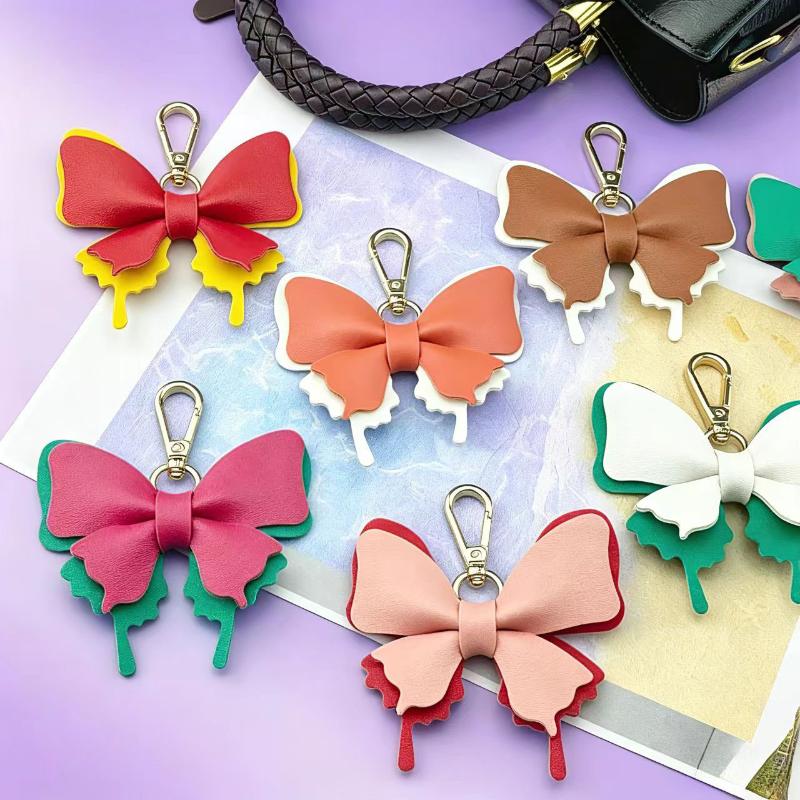 Cute PU Leather Bow Keychain with Smooth Metal Clasp Lightweight Bag Hanging Ornament for Friends Souvenir