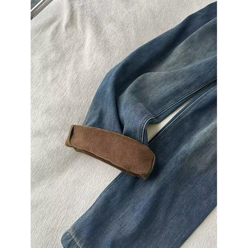 Blue Fleece-Lined High-Waisted Wide-Leg Jeans with Retro Washed Distressed Design.