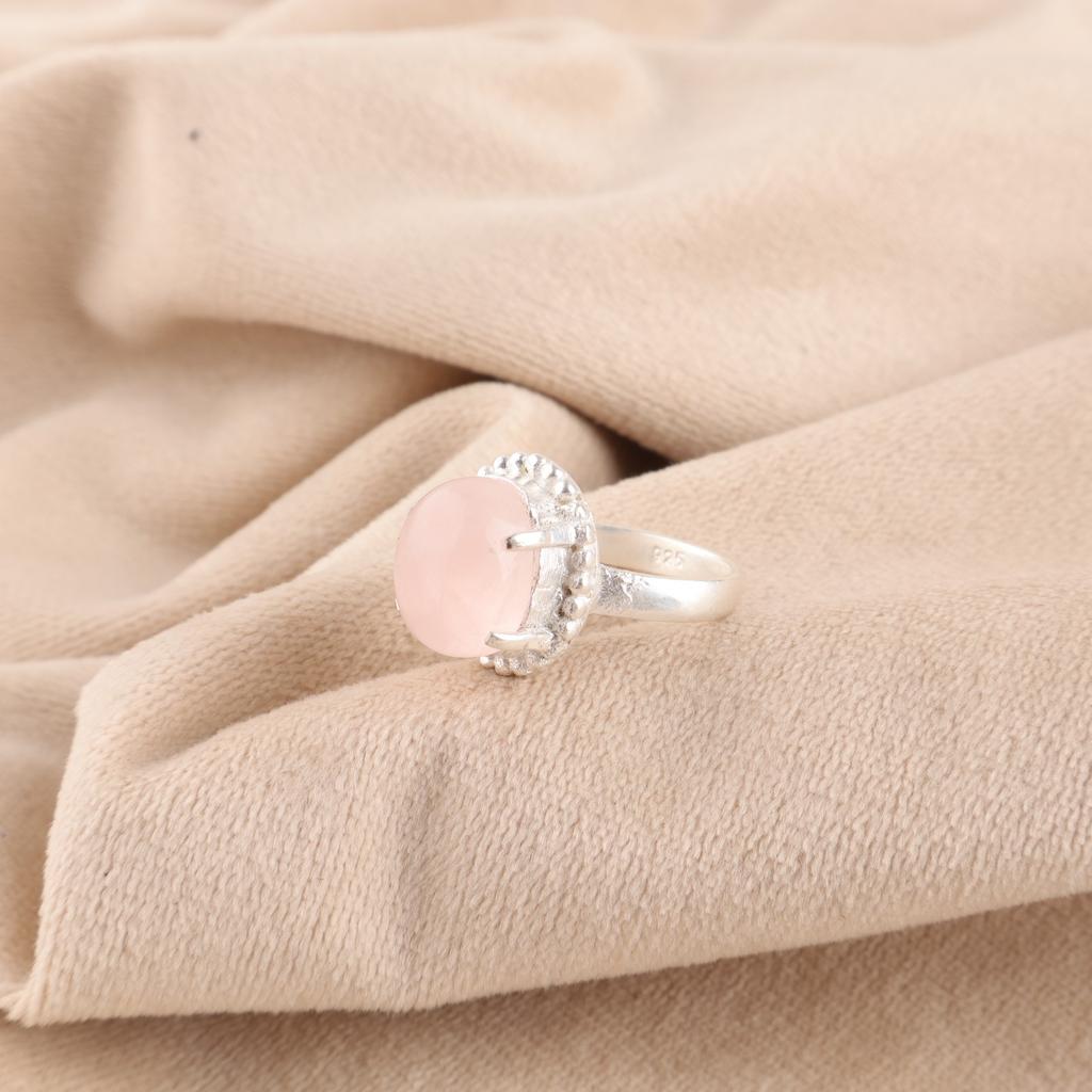 Heart Chakra Oval Rose Quartz Gemstone Sterling Silver Stackable Wedding Ring RR-28-42
