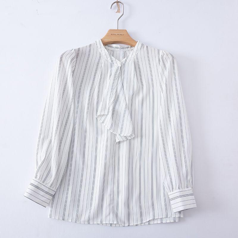 

130-Day Order Bows Shoelace Loose Elegant Pullover Intellectual Long Sleeves Shirt Vertical stripes L
