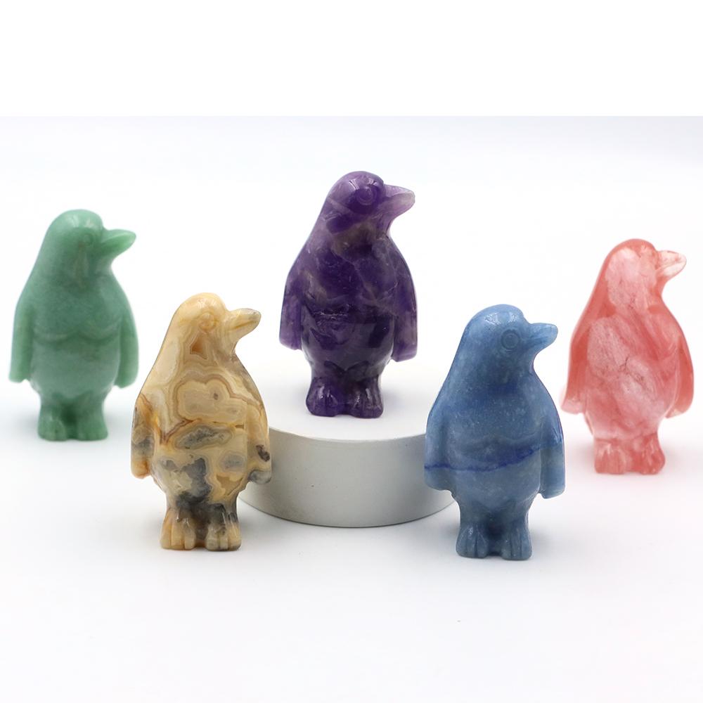 Cute Penguin Statue Natural Amethyst Rose Quartz Healing Crystals Stones Carving Reiki Animal Figurines Crafts Room Decoration