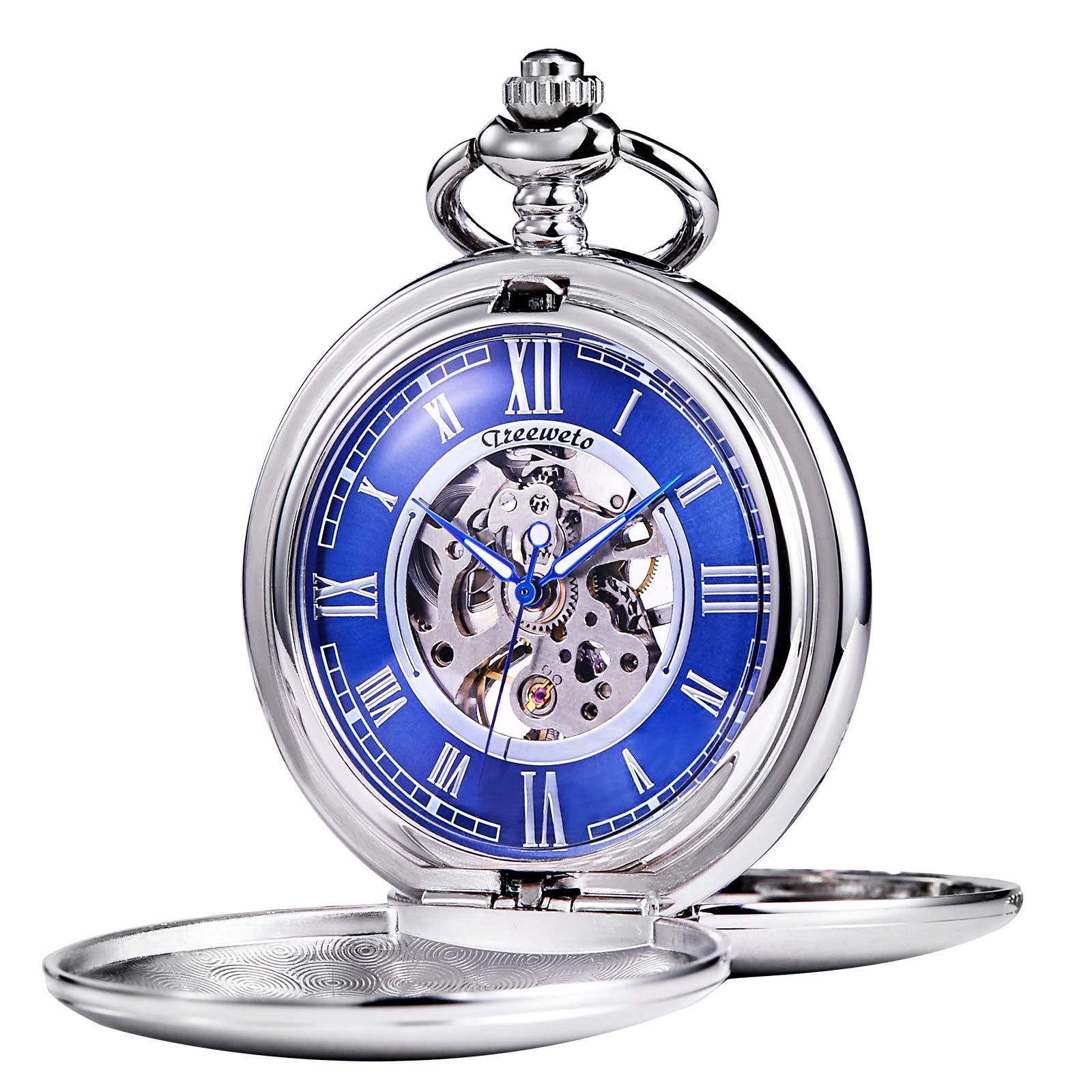 TREEWETO Mechanical Pocket Watch, Antique Blue Dial, Skeleton, Roman Numerals, Silver Double Hunter Chain with Cover