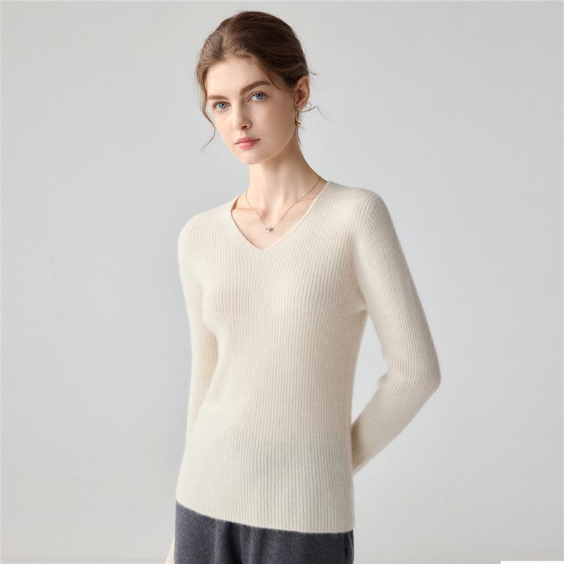 Damen Schlank geschnittener V-Ausschnitt 100% Kaschmir Pullover - Langarm, Einfarbig, Herbst/Winter Vielseitige Strickschicht