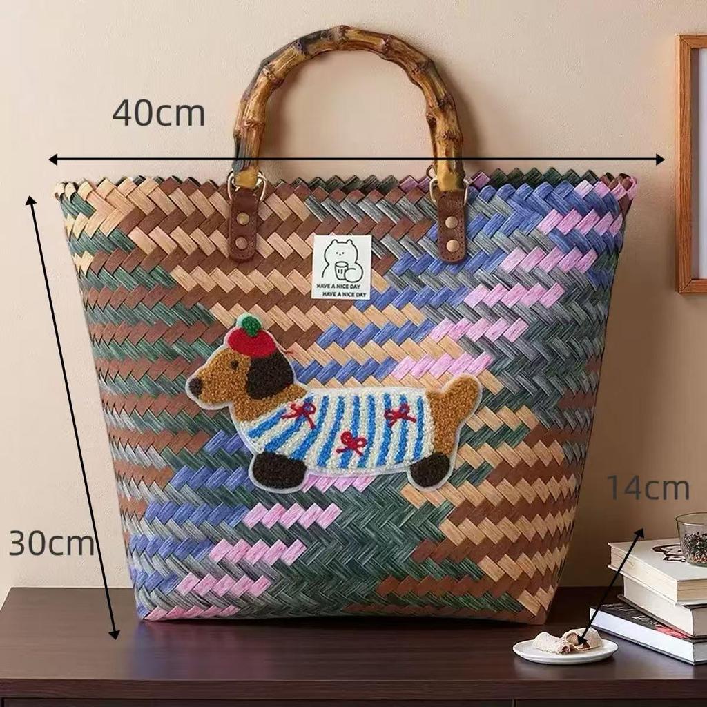 Dackel Welpe Gewebte Handtasche mit Bambusgriff Vintage Strandtasche