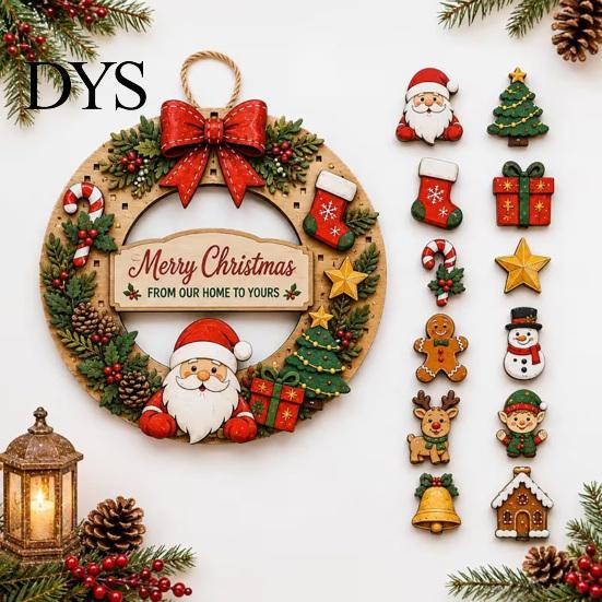 Indoor Outdoor Festive Decor Interchangeable Wooden Christmas Wreath, 12 Pcs Front Door Plaque, DIY Party Wall Accents Handmade Pattern Hanging Wreath