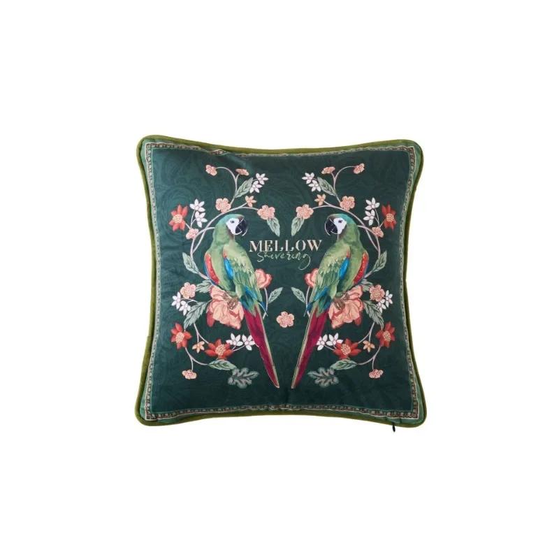 Parrot Print Cushion Case, Flora Bird Pillows, Luxury Velvet, Decorative Pillow Cover for Sofa Chair, Modern Living Room, Home D