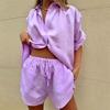 Baumwolle Freizeitanzüge Damen Langarm Sets Hauskleidung Einfarbige Oberteile Damen Shorts Zweiteilige Sets Frühling Sommer