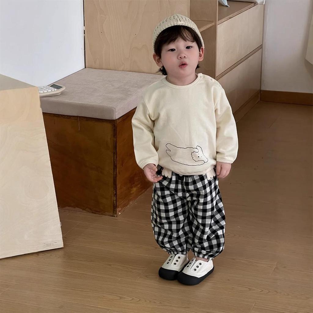 2025 Autumn Kids' Korean Style Boys' Printed Long-Sleeve T-Shirt & Plaid Pants Set