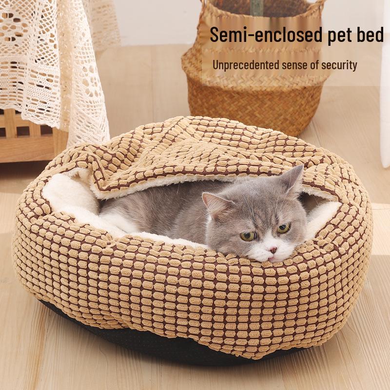 Four Seasons Semi-Enclosed Round Pet Bed for Cats and Dogs