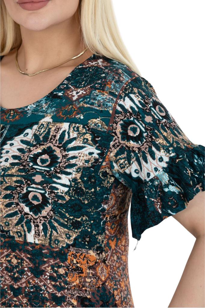 Women's Big Size Dress Petrol Ethnic Pattern Pocket Ruffle Short Sleeve Midi Dress