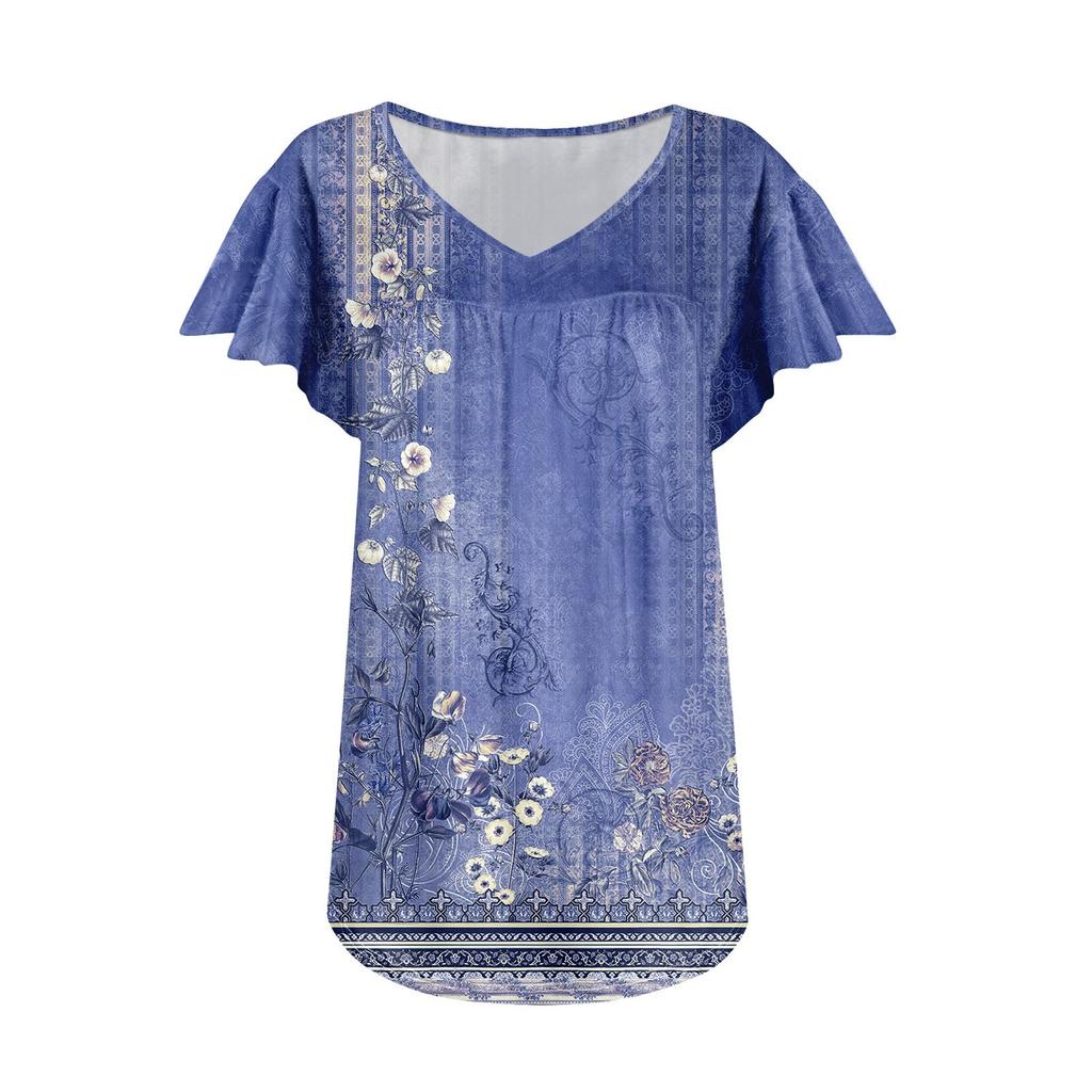 Women's Tunic Tops Elegant Casual Summer Short Sleeve Shirts Floral Loose Pleated Bohemian Tops