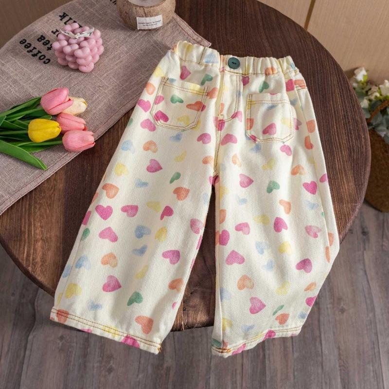 

Summer Children s Casual Pants Colorful Heart Kids Straight Trousers Lightweight and Thin Girls Wide Leg Pants 140 бежевий