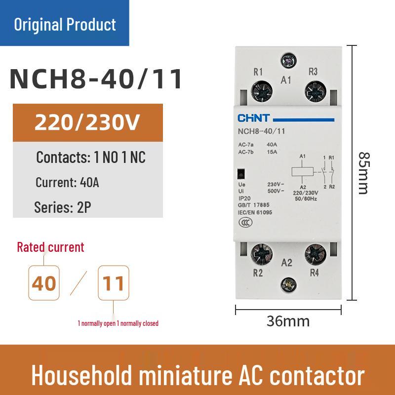 Chint Single-Phase AC Contactor NCH8-20/20, 20A, 240V, 2P, DIN Rail Mount