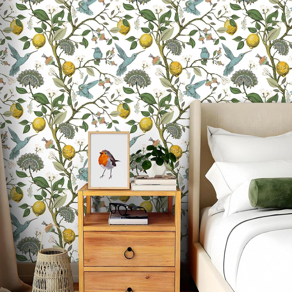 Tapet autoadeziv galben cu coajă de lămâie, floral, cu colibri, pentru decorarea suprafeței sertarelor de bucătărie, impermeabil