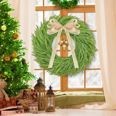 Artificial Christmas Wreath with Bow And Bells Realistic Pine Greenery for Door Wall Decor Outdoor Indoor LED String Lights Thanksgiving Decorations