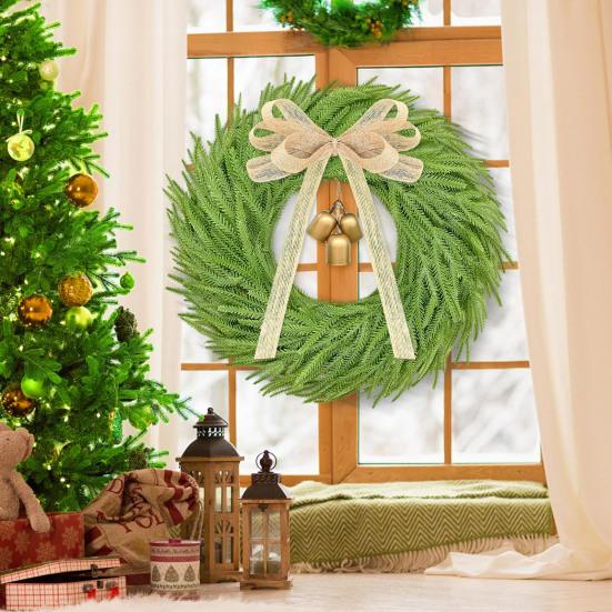 Artificial Christmas Wreath with Bow And Bells Realistic Pine Greenery for Door Wall Decor