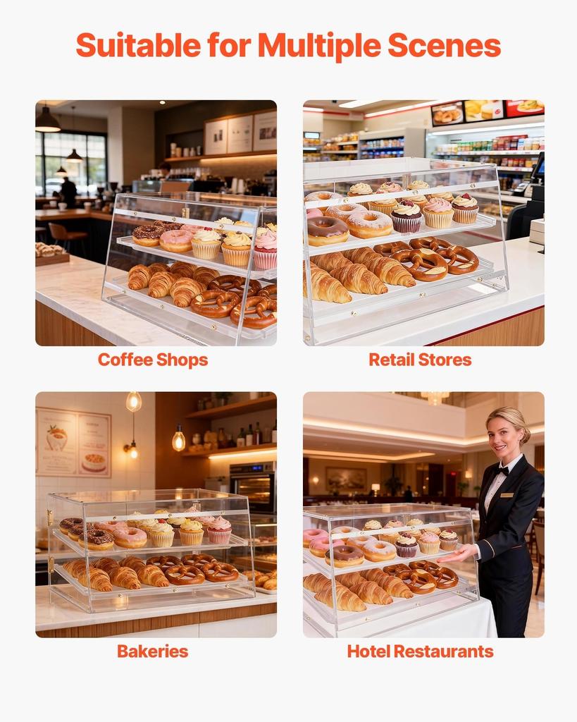 Bakery Display Case, 2-Tier Commercial Countertop Pastry Display Case, Clear Acrylic Bread Box for Kitchen, Party Cake Cabinet with Magnetic Rear Door