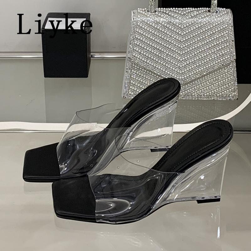 Fashion Liyke Street Style Square Toe Transparent Slippers For Women Mules Slides Summer Clear High Heels Wedges Shoes Sandalias Mujer