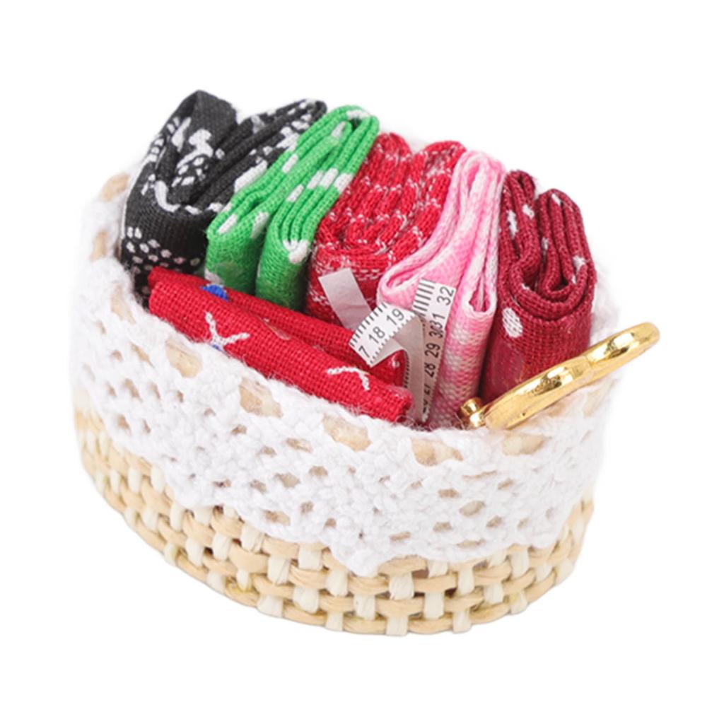 1:12 Dollhouse Sewing Kit Simulation Fabric Scissors Tape Measure Miniature Sewing Basket for