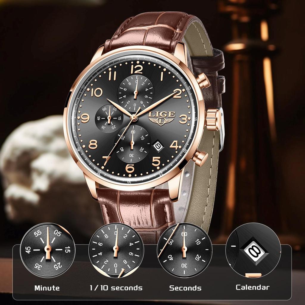LIGE TOP Pánské hodinky Ležérní Business Vodotěsné hodinky Jednoduché Kožené Kalendář Pánské Křemenné hodinky