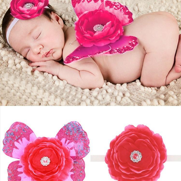 Newborn Photography Props Angel Wings Headband Flower Set for Baby Baptism onesizeFabric ярко-розовый
