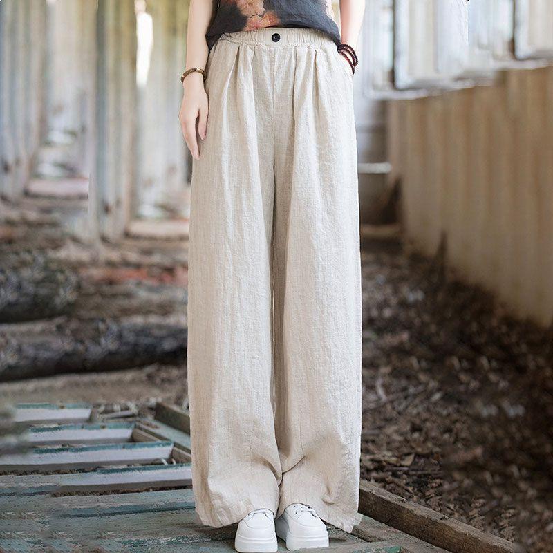 

Women s Wide-Leg High-Waist Spring Pants - Cotton & Linen, Retro Style, Floor-Length, Loose Fit (2026 Collection) 5XL (185-200 jin)