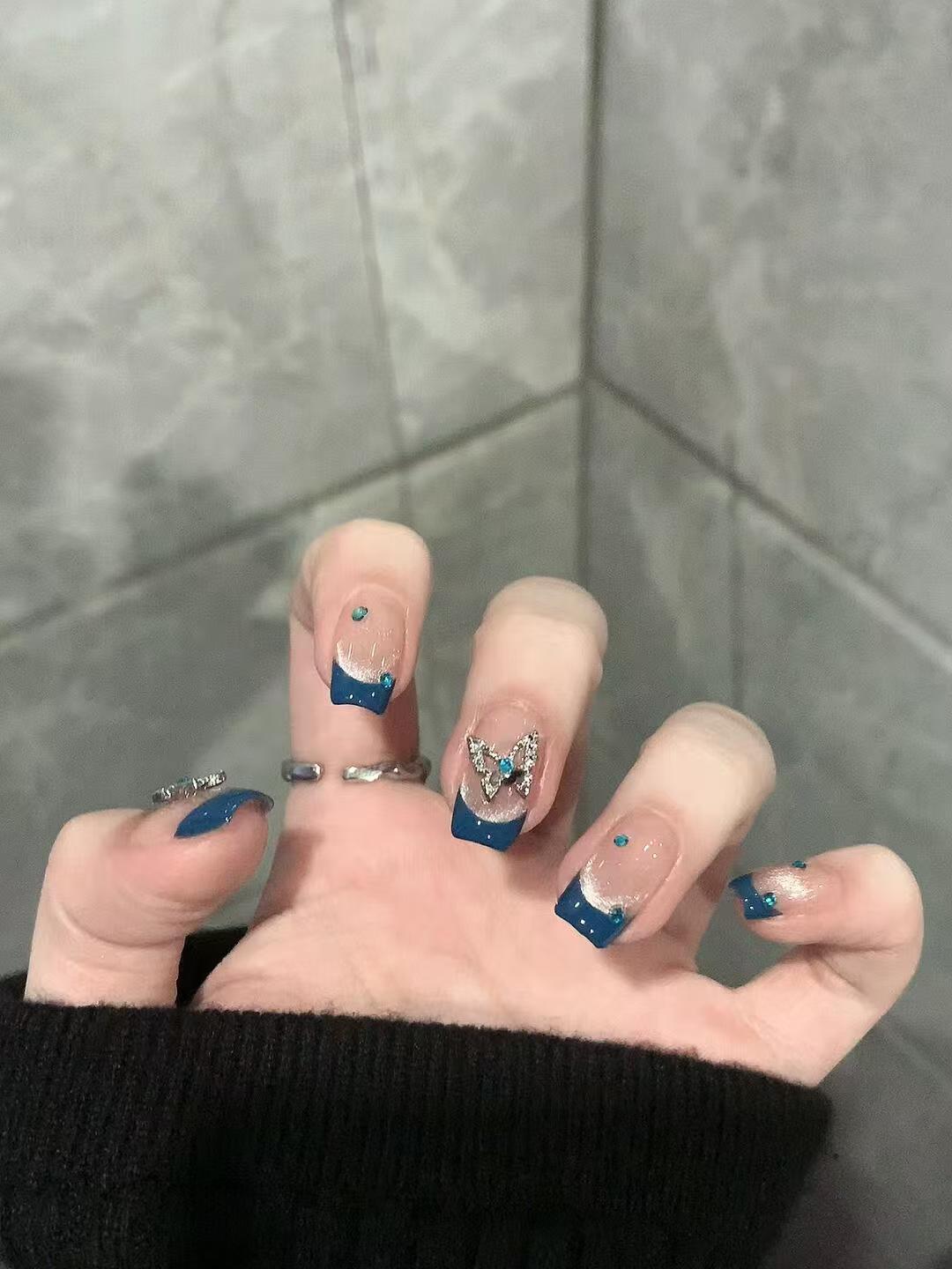 

Cool Blue Cat Eye Whitening Handmade Nails - Early Autumn High-Quality Boutique Style Medium (M)