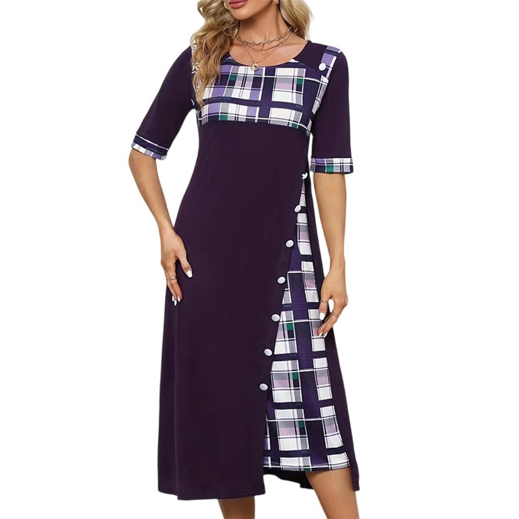 Women's Summer Round Neck Half Sleeve Irregular Printed Casual Long Skirt