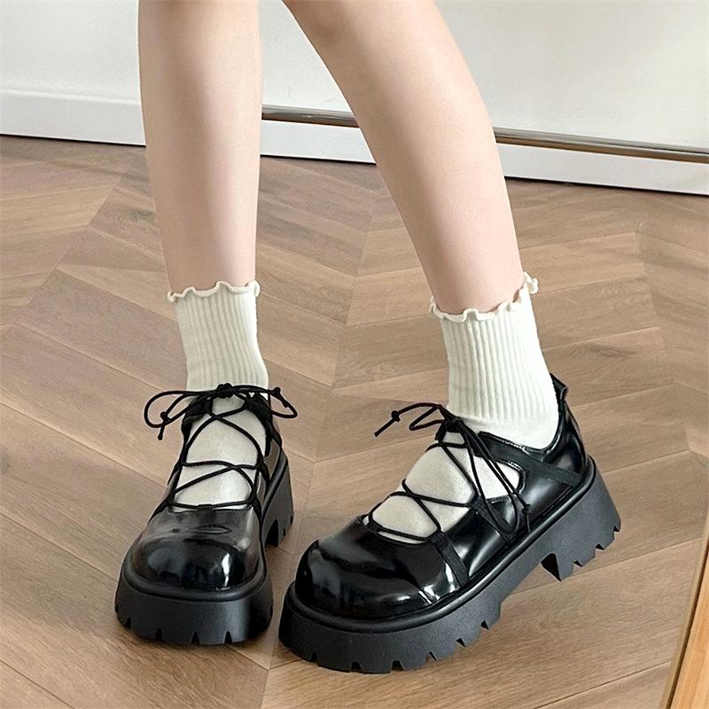 Mode 2024 Neue Mode Schnürung Hohl Lolita Schuhe Damen Plateau Pumps Damen Punk PU Leder Jk Uniform Schuhe Mary Janes Schuhe