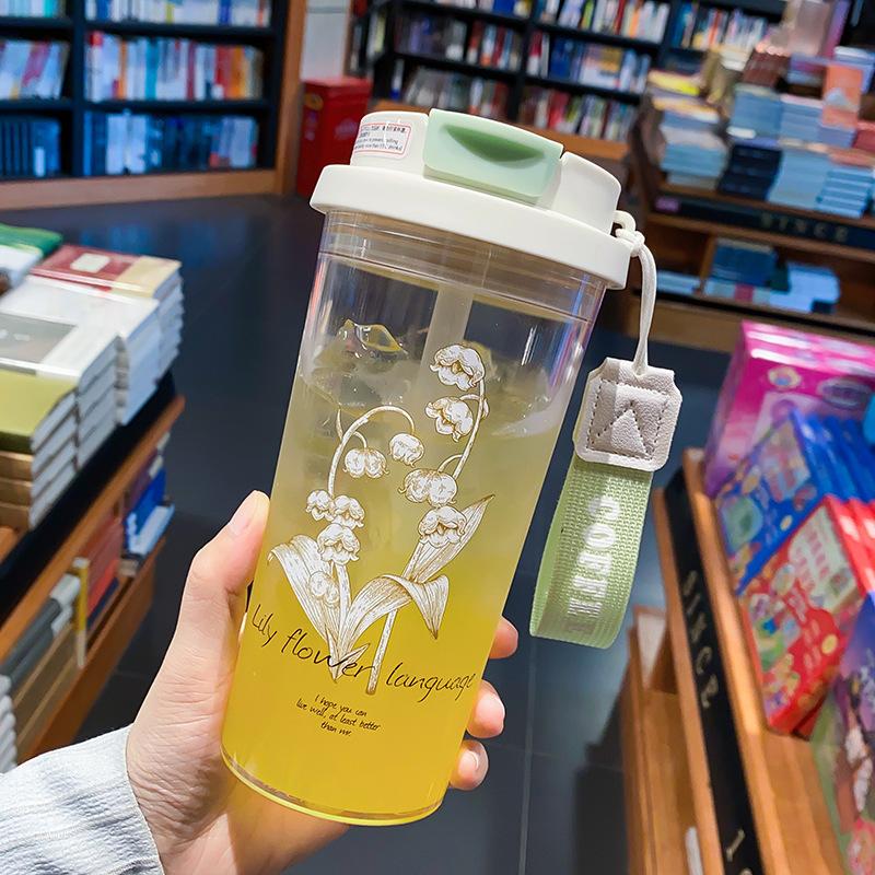 Water bottle straw cup student flower teacup water cup girls easy cup portable straw plastic cup large capacity summer cup