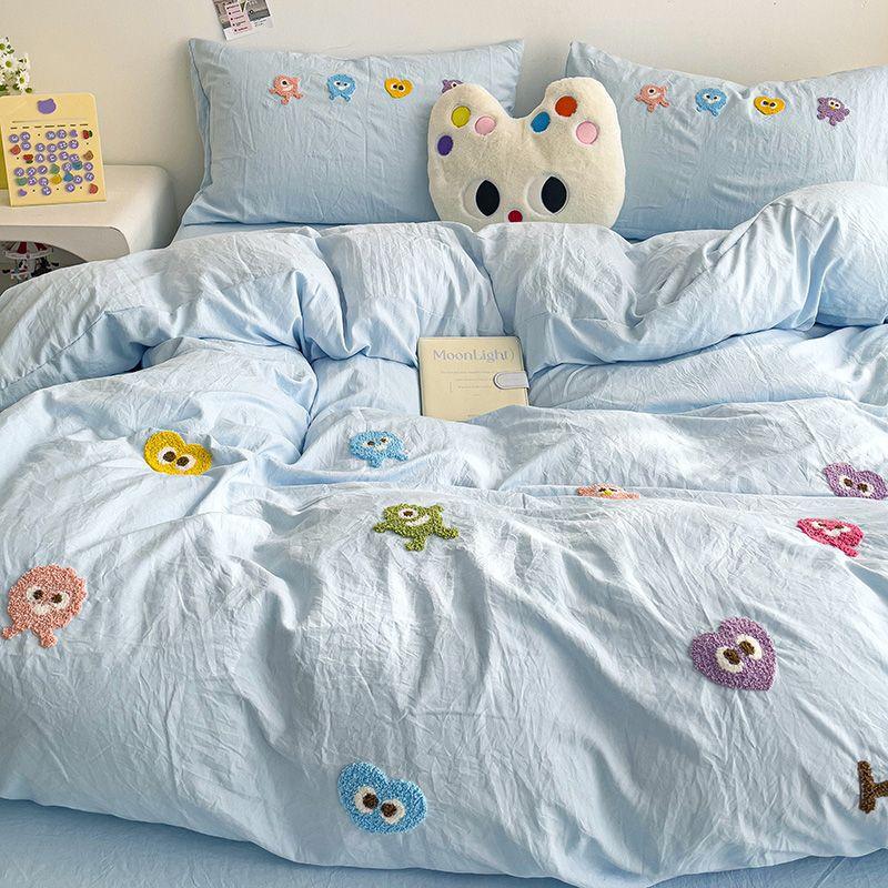Gu Ling Wei Washed Cotton Four-piece Set Cartoon Dopamine Quilt Cover Sheet Dormitory Three-piece Set