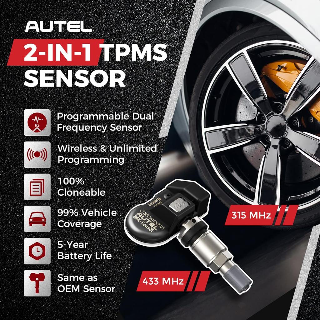 Autel TPMS Sensor 1-Sensor, MX-Sensor 315MHz + 433MHz Metal Valve, Programmable Universal Specially Built for OEM Sensors Replacement, Work with