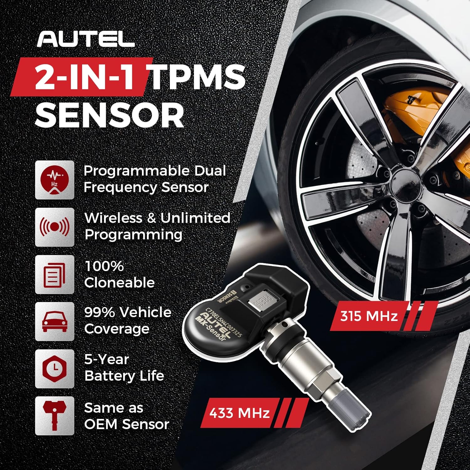 Датчик TPMS Autel 1-Sensor, MX-Sensor 315 МГц + 433 МГц Металлический клапан, Программируемый Универсальный Специально разработан для замены OEM-датчиков, Работает с