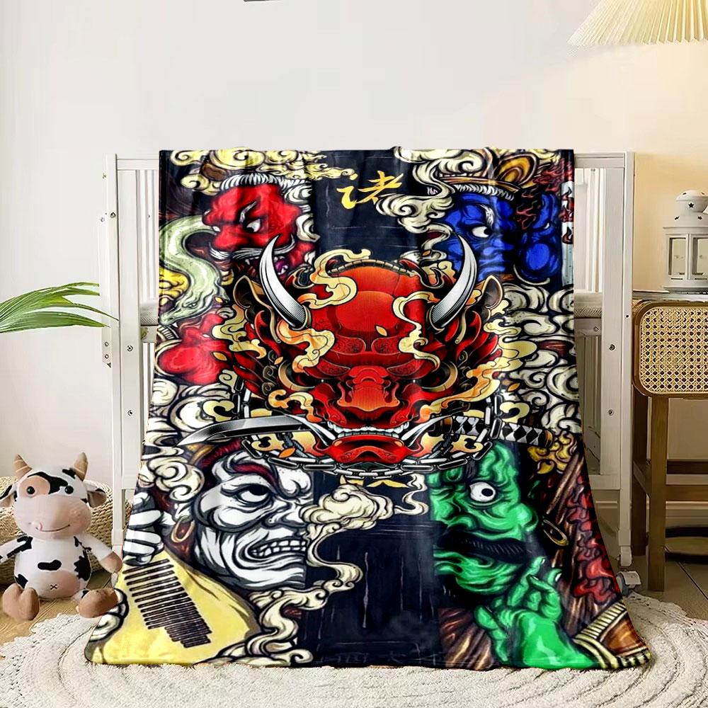 Japanese Style Oni Mask Clouds Blanket Bedroom Blanket for Livingroom Couch Lunch Break Soft Throw for Friend's Festival Gift