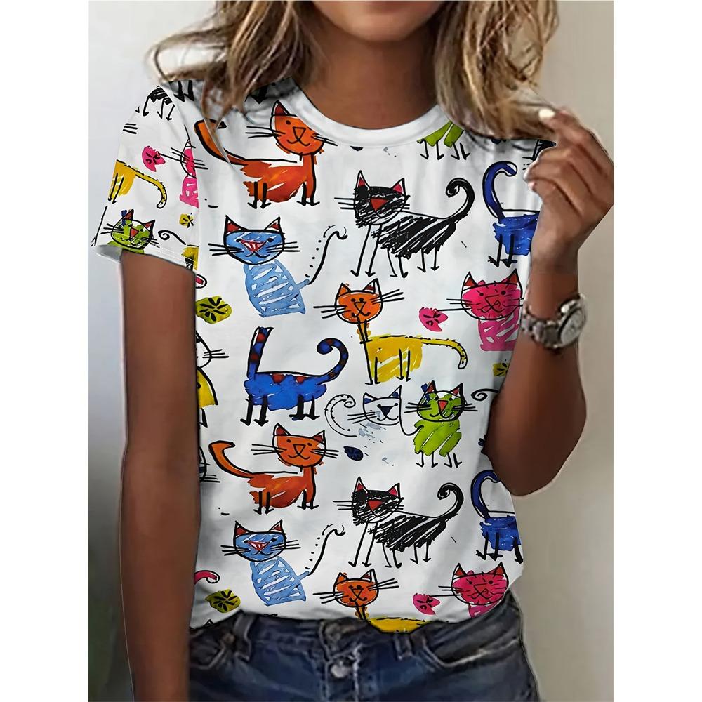Summer Fashion Short Sleeve Casual Top Loose Women's T Shirt Cute Cat Cow Pattern Printed Woman Clothing Y2k Ladies Clothes Tees