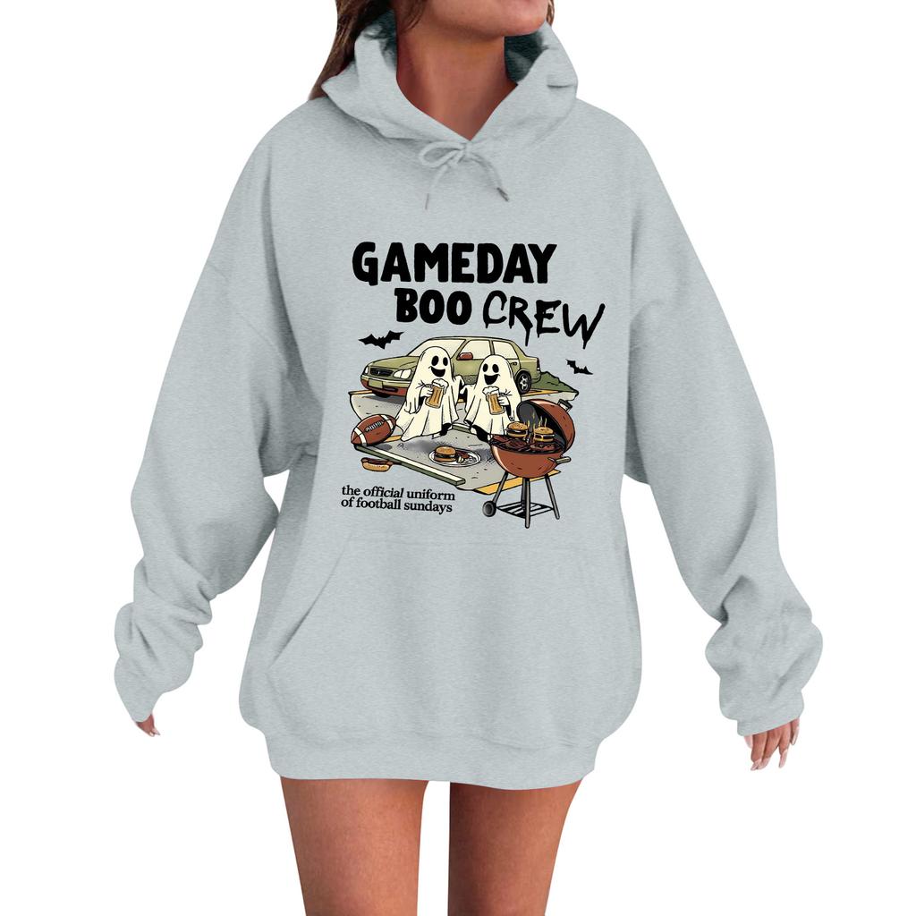 Women's Casual Fashion Comfortable Round Neck Gameday Boocrew Halloween Print Hooded Sweatshirt
