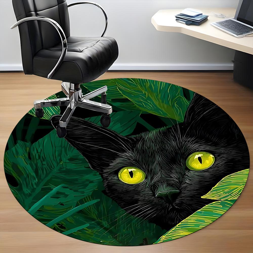 1PC Black Cat, Jungle Office Round Area Rug, Indoor Mat Suitable ForOffice, Under Office Chairs Bedroom Living Room Home Decor, Room Deco g089