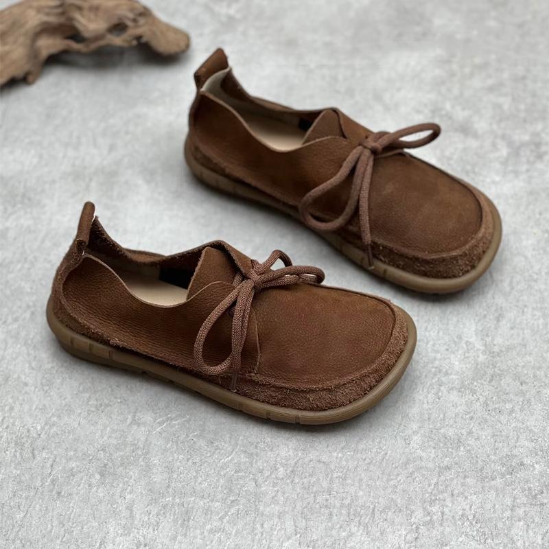 Johnature Handmade Genuine Leather Flats Women Shoes Round Toe Shallow Soft Sole Loafers Retro Solid Color Shoes
