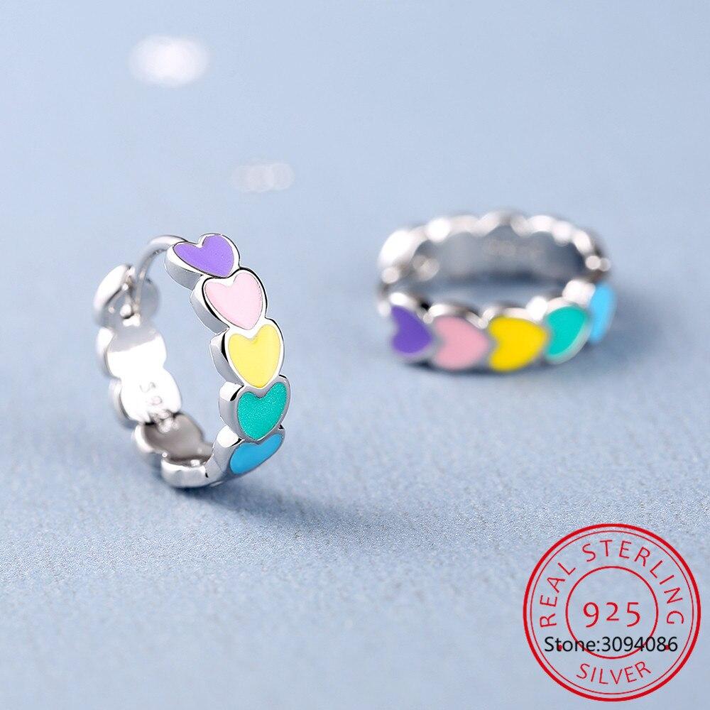 Genuine S925 Sterling Silver Rainbow Color Enamel Heart Hoop Earrings For Women  New Ear Hoops Female Fine Jewelry