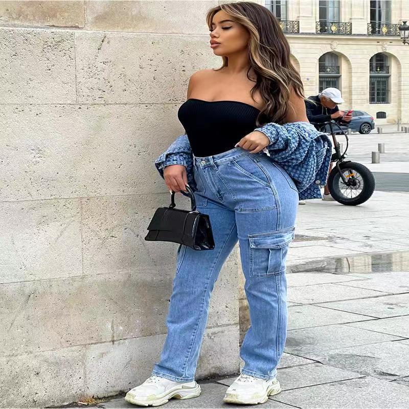 New trendy tooling jeans women's spring and autumn multi-pocket wide-leg casual pants