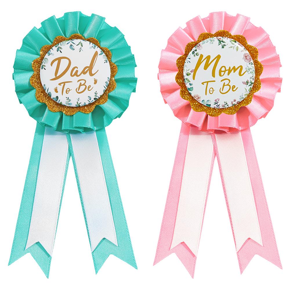 Expectant Parent Badge and Headband Set - Includes Mom-to-Be Headband, Dad-to-Be Badge, and Ribbon Headdress