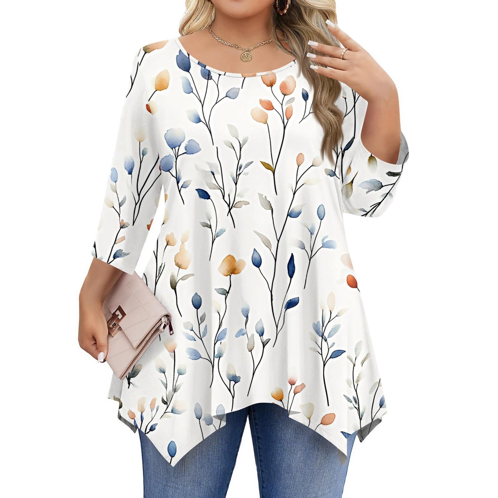 

Женские рубашки с рукавом 3/4 больших размеров, туники с круглым вырезом, базовые футболки свободного кроя, размеры L-5XL XL белый