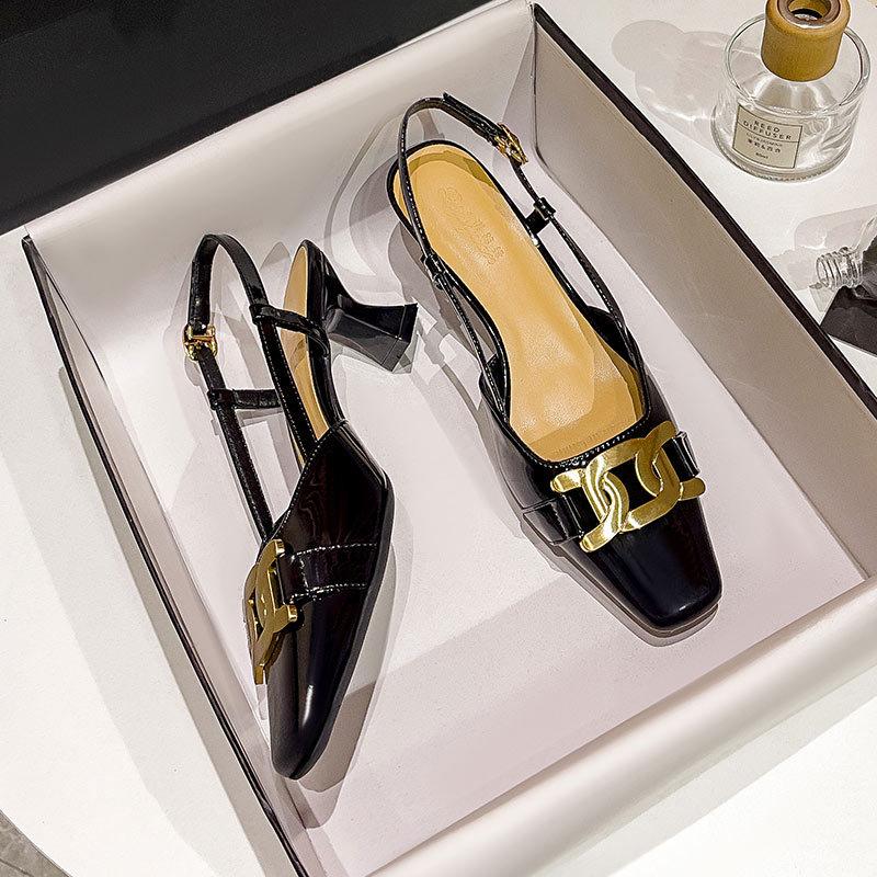 Square head rear empty single shoes middle heel 2025 new summer one-word buckle with high heels retro temperament bag head sandals