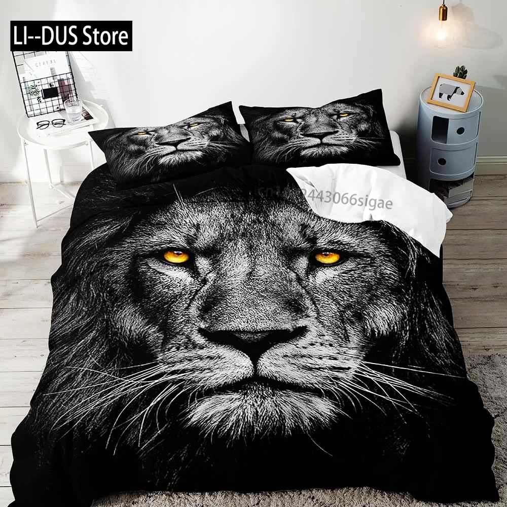 3PCS Lion King & Queen Bedding Set African Safari Animal Black Bedding Comforter Cover Bedroom Decor for Couples Full Size