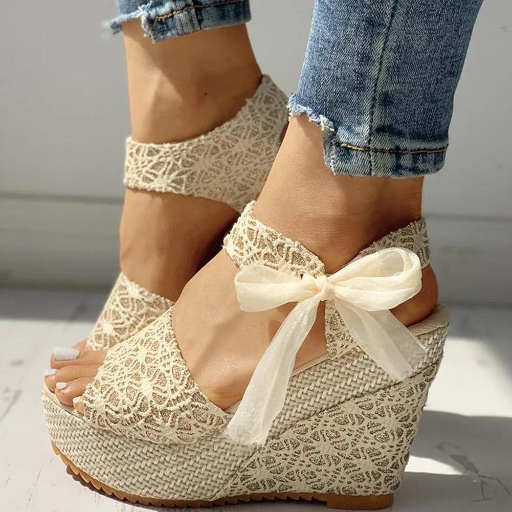 Lace Leisure Women Wedges Heeled Women Shoes 2025 Summer Sandals Party Platform High Heels Shoes Woman