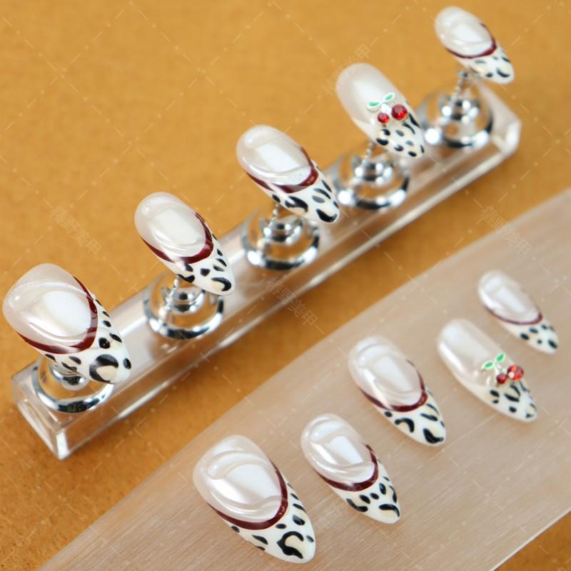 Artificial Nail Tips Leopard Print Pink Cherry French Style Almond Shape Matte Glossy Cat Eye Design Women L Includes 3-piece set: nails tools