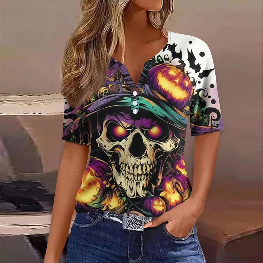 Women's T Shirt Tee Halloween Printed Button Short Sleeve Tunic Daily Weekend Fashion Basic V- Neck Regular Top